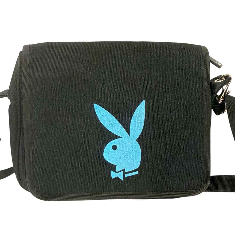 Playboy Vintage y2K Black Canvas‎ Blue Bunny Crossbody Messenger Bag